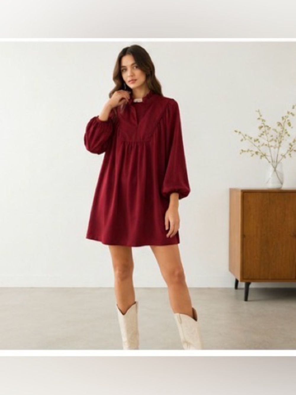 Umgee NWOT Burgundy Babydoll Mini Dress Ruffle Balloon Sleeve